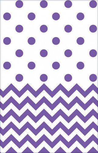 Chevron plastic tablecover in vibrant New Purple, 54" x 102", stylishly protects tables with a trendy design.