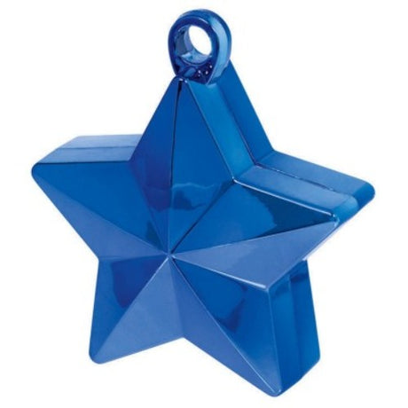 Blue star-shaped balloon weight designed to secure balloons for parties and add whimsical decor to celebrations.