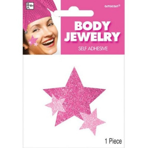 Pink star-themed body jewelry, measuring 5"x3.5", ideal for adding charm and individuality to any outfit.