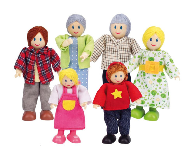 Hape Caucasian Wooden Dolls Family set featuring 6 jointed figures, including grandparents and children, for imaginative play.