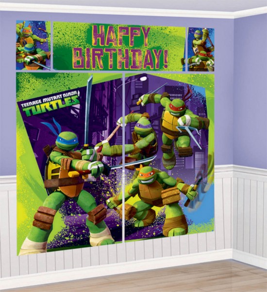 Colorful TMNT wall decorations set featuring iconic characters, perfect for parties or playful room decor. Pack of 5.