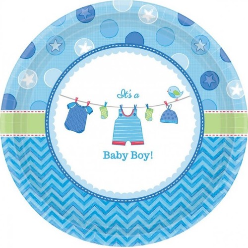 Charming pack of 8 eco-friendly paper plates featuring an adorable boy design for baby showers and celebrations.