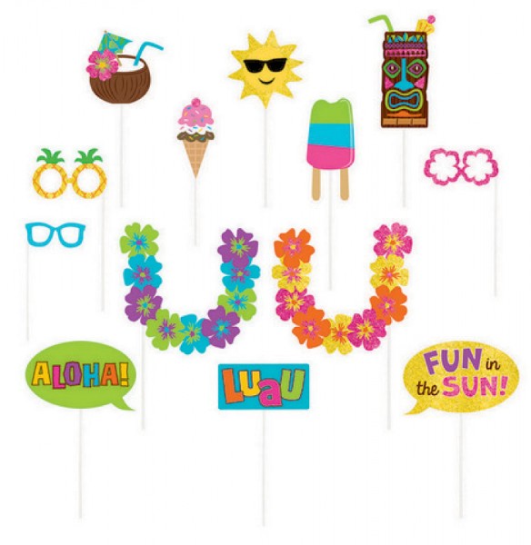 Vibrant Summer Luau Photo Prop Kit with 13 colorful tropical-themed props for fun photo booth moments.