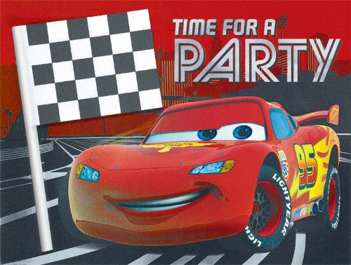 Colorful Cars 3 jumbo birthday invitations featuring Lightning McQueen and Mater, ideal for kids' race-themed parties, pack of 8.