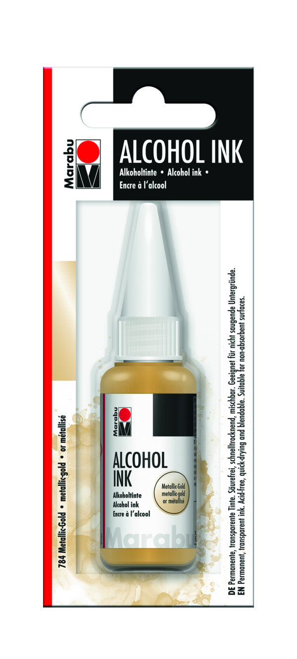 MARABU Alcohol Ink 20ml Metallic Gold, perfect for fluid painting with vibrant, reflective finishes on non-absorbent surfaces.