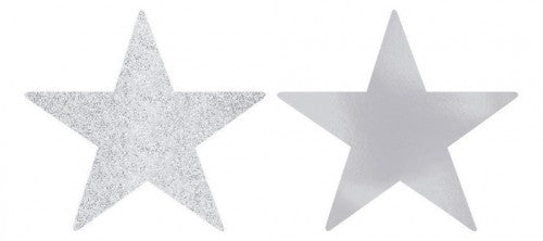 Silver foil and glitter star cutouts, pack of 5, each 5 inches, perfect for party decor and crafts.