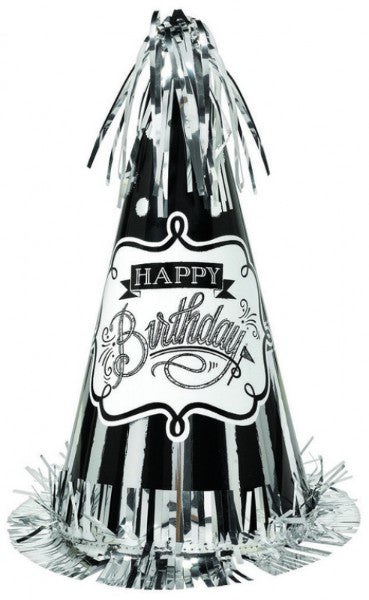 Cone-shaped birthday hat with foil fringe, 13 inches, customizable chalkboard surface for personal messages.