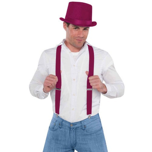 Premium burgundy suspenders with Y-back design, adjustable fit, and sturdy clips for adults and kids.