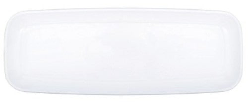 Sleek white long platter, 17x46cm, versatile for elegant serving of appetizers, desserts, and main dishes.