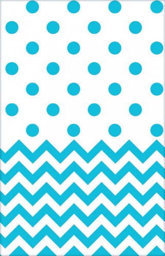 Chevron Plastic Tablecover in Caribbean Blue, 54" x 102", vibrant design for stylish dining and easy cleaning.