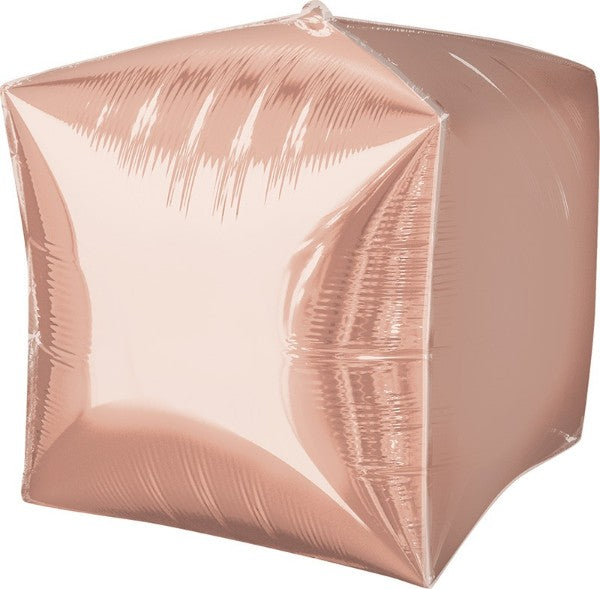 Rose gold cube-shaped foil balloon, 38cm, self-sealing for easy use, perfect for elegant celebrations and events.