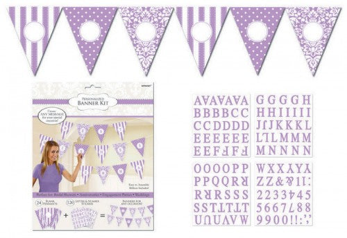 Personalized lilac pennant banner pack of 24, perfect for celebrations with custom names and dates. Durable and elegant decor.