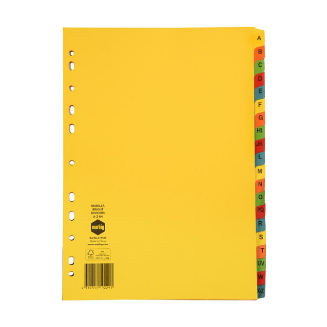 Brightly colored A4 dividers with A-Z tabs for easy document organization and navigation in professional settings.