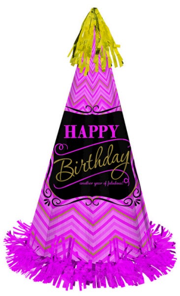 Large cone party hat with sparkling foil fringe, perfect for birthdays and festive celebrations, measuring 13 inches.