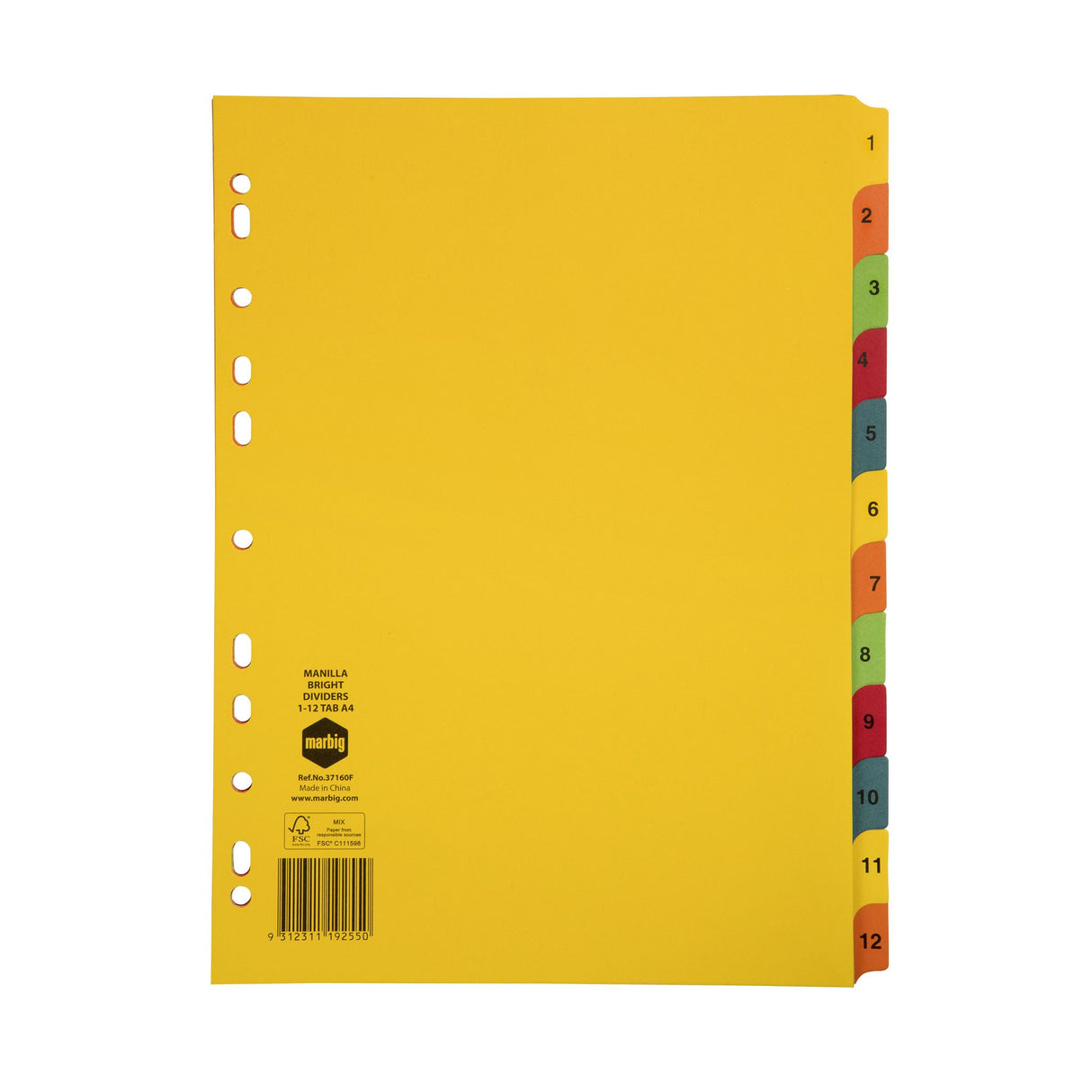 Brightly colored A4 dividers with 12 tabs for easy document organization, made from durable manilla board.