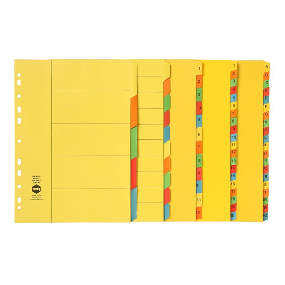 Colorful A4 manilla dividers with 20 tabs for efficient document organization and easy navigation through sections.