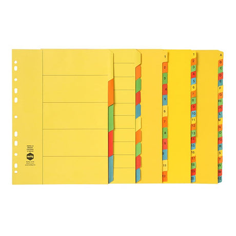 Colorful A4 manilla dividers with 20 tabs for efficient document organization and easy navigation through sections.