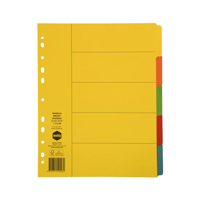 Extra wide A4 dividers with 5 bright tabs, designed for easy document organization and compatibility with sheet protectors.