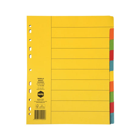 Colorful Marbig Extra Wide 10 Tab Brights Manilla A4 dividers for organized documents with reinforced durability and professional finish.