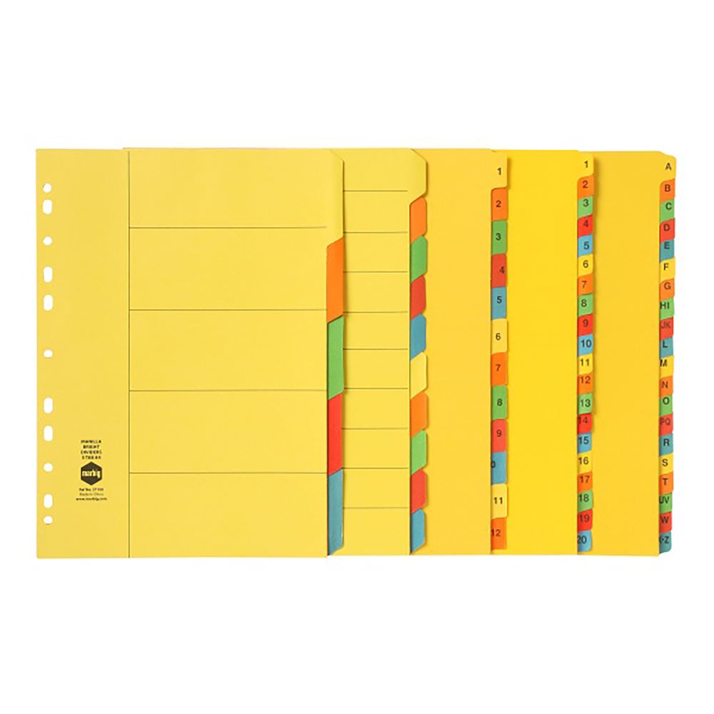 Colorful Marbig A4 dividers with 10 tabs, crafted from durable manilla board for easy document organization.