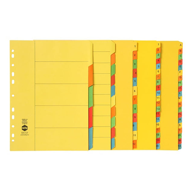 Colorful Marbig A4 dividers with 10 tabs, crafted from durable manilla board for easy document organization.