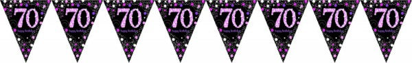 Vibrant pink Celebration 70 Prismatic Pennant banner, 4m long, perfect for festive indoor and outdoor celebrations.