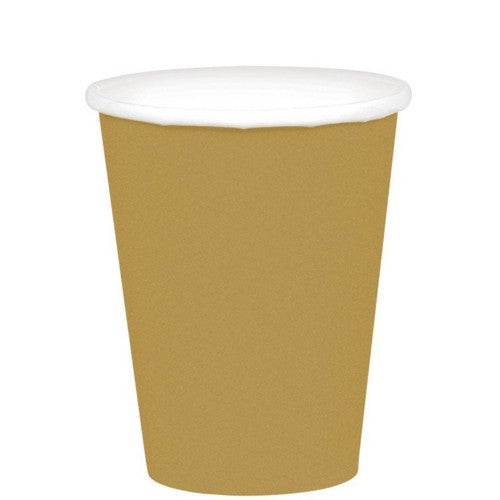 Elegant gold disposable paper cups for parties, perfect for hot or cold beverages, 20 pack, eco-friendly design.