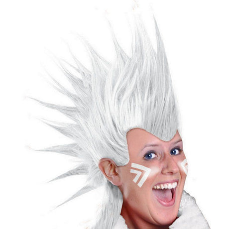 Bold white Mohawk wig crafted from synthetic fibers, perfect for parties and cosplay with an adjustable cap for comfort.