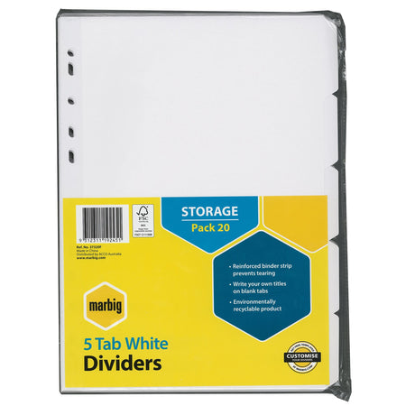 A4 Marbig dividers with 5 blank tabs in white manila, featuring reinforced binding for durable document organization.