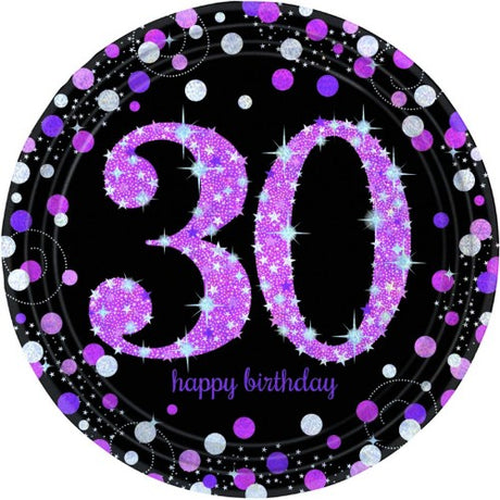 Vibrant pink 30th celebration prismatic plates, 23cm, pack of 8, ideal for stylish serving at parties and special events.