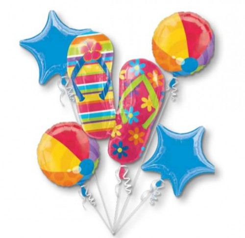 Colorful pack of 5 foil flip flop balloons, perfect for summer parties and DIY decorations.