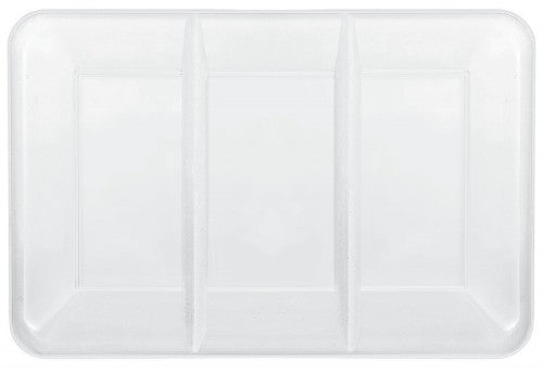 White plastic compartment tray measuring 9.5"x14" for organizing kitchen, dining, or workspace items effectively.