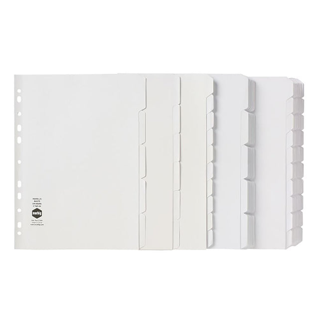 Marbig 10 Tab White Manilla A4 Dividers with reinforced binding and customizable tabs for effective document organization.