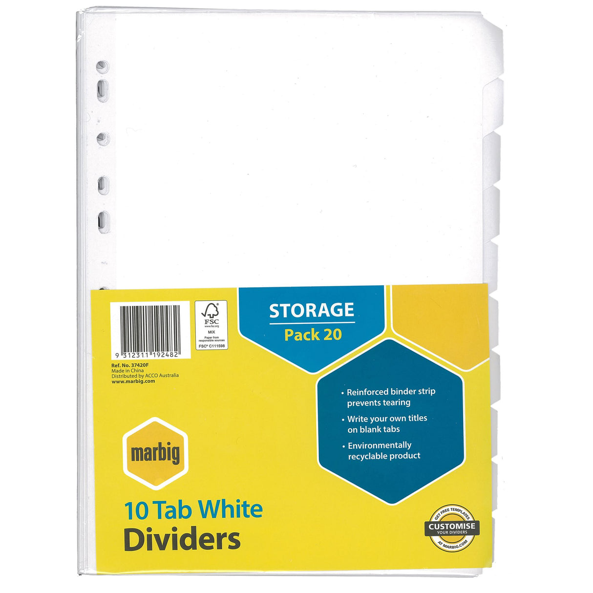 Marbig 10-tab white manilla dividers, A4 size, with blank tabs for easy labeling and reinforced binding for durability.