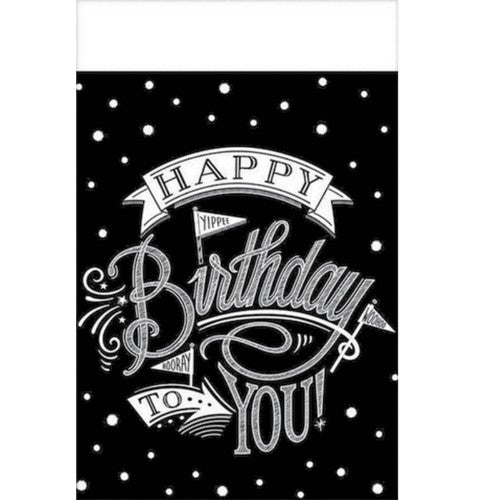 Vibrant plastic tablecover celebrating birthdays, featuring colorful "Hooray, It's Your Birthday" design, 54" x 102".