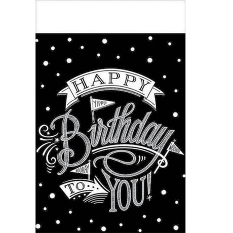 Vibrant plastic tablecover celebrating birthdays, featuring colorful "Hooray, It's Your Birthday" design, 54" x 102".