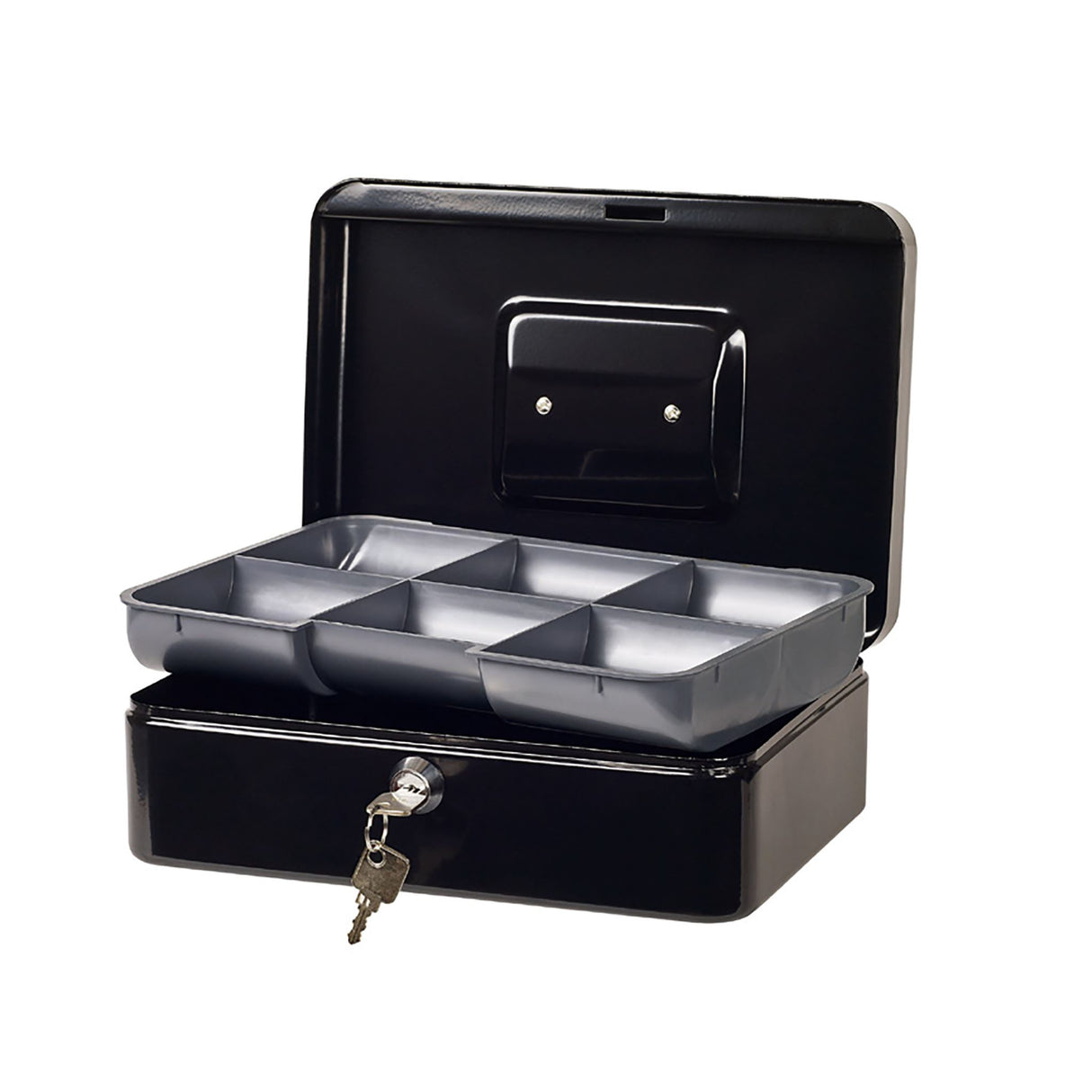 Black Esselte Cash Box Classic No6 with sturdy steel, rounded corners, handle, two keys, and six-compartment coin tray.