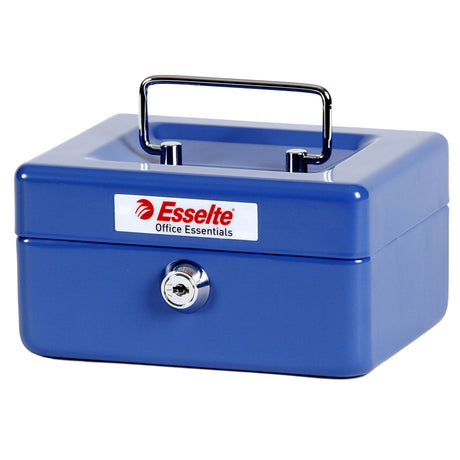 Esselte Cash Box Classic No6 Blue: Sturdy steel cash box with blue finish, coin tray, two keys, and portable handle.