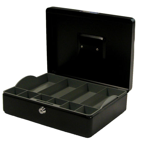 Sturdy black cash box with handle, key lock, and partitioned tray for secure cash management, ideal for home or office use.