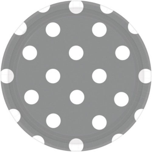 Elegant silver Dots Round Plates, 17CM, pack of 8, perfect for appetizers and desserts, adding sophistication to any table.