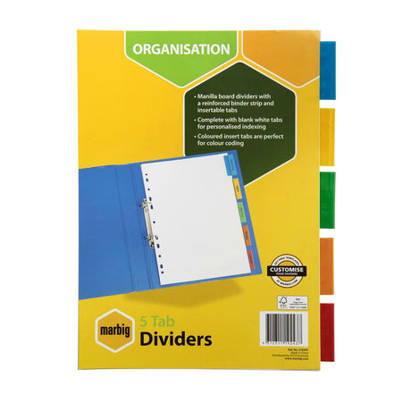 Marbig Dividers & Indices with white Manila insert tabs, featuring durable plastic tabs for personalized document organization.