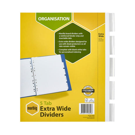 Extra wide white manila dividers with insertable tabs for custom organization, ideal for reports and documents.