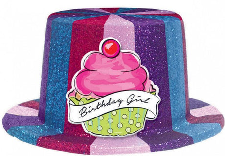 Sparkling plastic top hat for parties, measuring 4.5" x 10" x 11", perfect for festive celebrations and themed events.