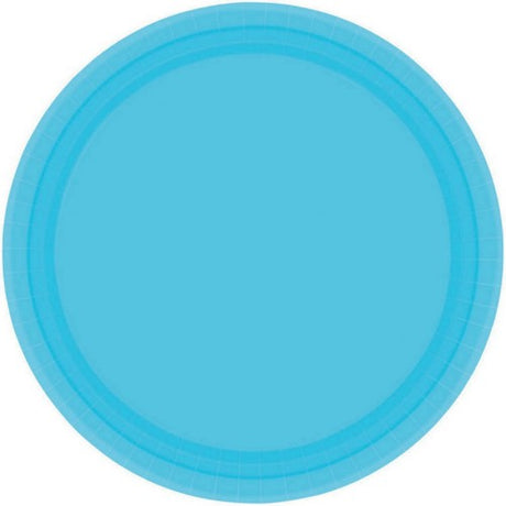 Round Carib Blue 9-inch paper plates, pack of 8, eco-friendly and durable for stylish food serving at any event.