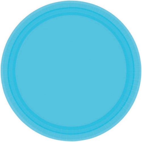 Round Carib Blue 9-inch paper plates, pack of 8, eco-friendly and durable for stylish food serving at any event.