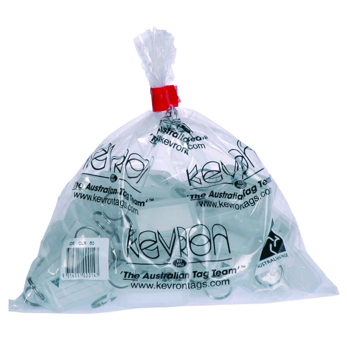 Clear plastic key tags in a bag of 50, featuring a visible window for easy identification and durable two-piece design.
