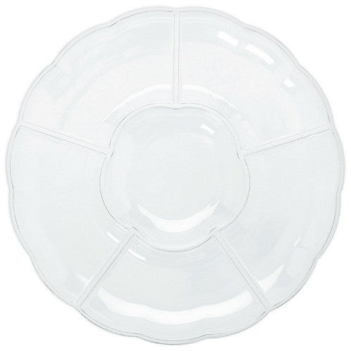 Clear plastic chip and dip tray with compartments, perfect for serving snacks at parties and gatherings.