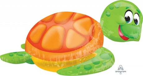 Vibrant self-sealing foil balloon in the shape of a silly sea turtle, perfect for ocean-themed celebrations and parties.