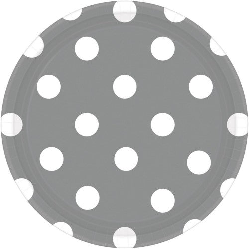 Silver Dots Round Plates pack of 8, 23CM, featuring elegant dotted design for stylish dining and easy cleanup.