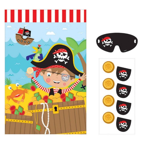 Colorful Little Pirate party game set featuring a 95cm x 62cm board, blindfold, and stickers for fun-filled gatherings.